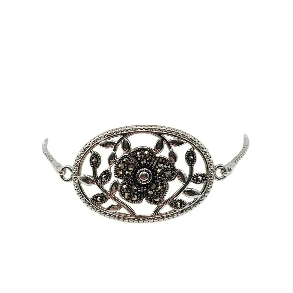 IBB CN Marcasite Floral Openwork Box Chain Bracelet Silver Vintage